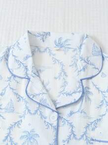 Conjunto de pijama de 2 piezas con camisa de manga corta con bolsillo y cuello de solapa con estampado de árbol de coco y bote, y pantalón corto con lazo, cómodo para uso en interiores/hogar, primavera/verano, para mujer