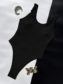 1pc Women's Black Spaghetti Strap Twist Front One-Piece Swimsuit - Black - View 3