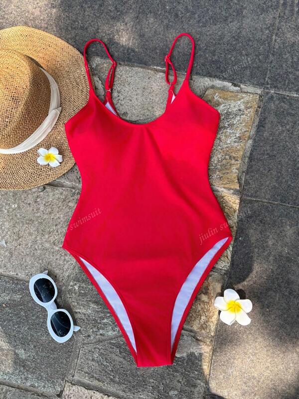 Solid Color Contrast Color Swimsuit, Sexy One-Piece Bathing Suit For Women
