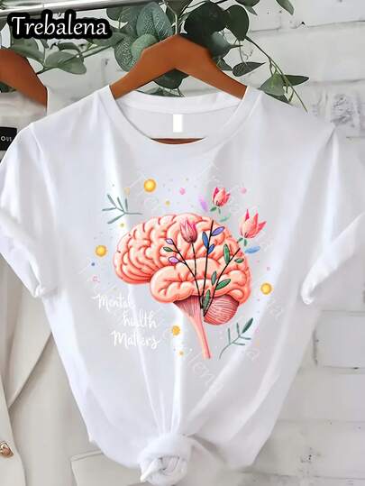 Women'S Round Neck Short Sleeve T-Shirt With Floral & Brain Print, Casual Sports Daily Top For Spring & Summer  Printed T-Shirt