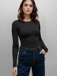 Kit 3 Ribbed Blouses Round Neck Long Sleeve Promotion - kit3 cổ tròn tay dài màu đen trắng xanh quân đội - Xem 4