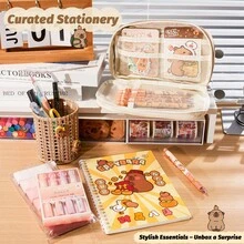 1 Set Of Capybara Stationery Set, 14 Inch Suitcase, Storage Box, Pencil Case, Brown Pencil Case, Cute Notebook Set, Highlighter Stickers Note, Erasable Blue Pen Correction, With Pen Holder, Brooch Set, Gift Stationery, Back To School Gifts - Multicolor - View 5