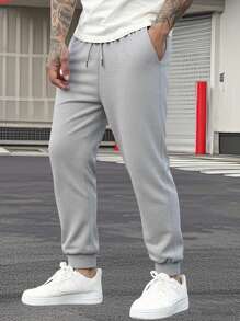 Men's Casual Pants, Solid Color Sports Pants With Pockets And Drawstring Hem, Autumn/Winter Sports Wear For Men, With Pockets And Adjustable Waist Drawstring, Ideal For Gym, Outdoor Activities And Casual Wear