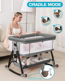 Moisés para bebé, moisés para colocar al lado de la cama con ruedas, moisés transpirable con red mosquitera, cesta de almacenaje, 6 niveles de altura ajustables, fácil de plegar, color gris, 6396546 - Gris - Ver 6