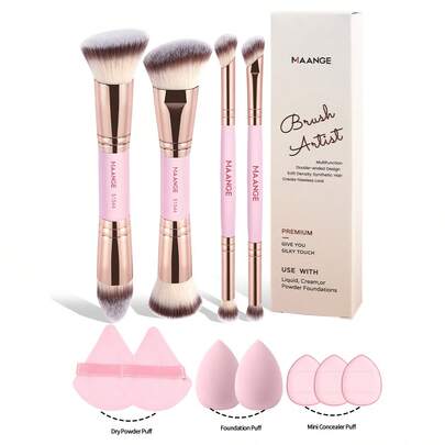 MAANGE 11件套化妆工具套装，包含4支双头化妆刷（基础款平头圆头刷，适用于粉底液、粉饼、腮红、眼影、遮瑕膏等），7个化妆粉扑（含2个美妆蛋、2个三角绒粉扑、3个迷你指套气垫粉扑），打造无瑕妆容，适合旅行、派对补妆等场合。