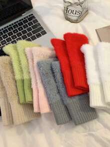 1 Paar einfache Plüsch-Patchwork-Strickhandschuhe, stilvolle, elegante, weiche und warme fingerlose Handschuhe für Herbst und Winter, kältebeständig, mit elastischem Handgelenk