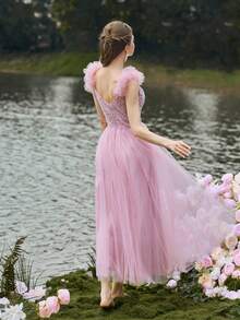 Gorgeous Midi Graduation Dress With Beaded Bodice, Tulle Ruffle Sleeves, Tiered Ruffled Skirt - Birthday Women Outfits For Wedding Guest Outfits, Graduation Proms, Cocktail Parties & Garden Galas - Pink - View 2