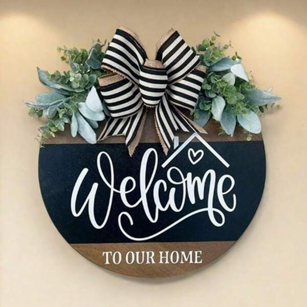 Welcome Sign Doorplate Front Door Decor Outdoor Hanging Wooden Board Wall Decor, Floral Wreath Decoration For Spring And Summer
