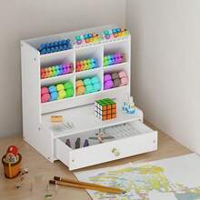 多功能桌面收纳盒，大容量木质塑料笔筒，办公及学生用品收纳 - 白色 - 查看 10