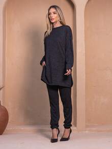 Conjunto Elegante Formal | Blusa e Calça | Moda Feminina Simples  lanzinha 2 peças Casual Conservador / modestoTecido tipo lãCordão Bolso conjunto de frio elegante Noite CasaRua inverno - Preto - Visão 3