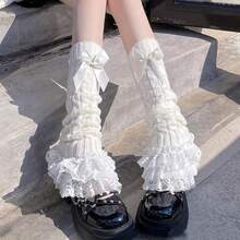 Bow & Lace Leg Warmers - Y2K Sweet Lolita Style, Knee High Socks - 891 Green - View 9