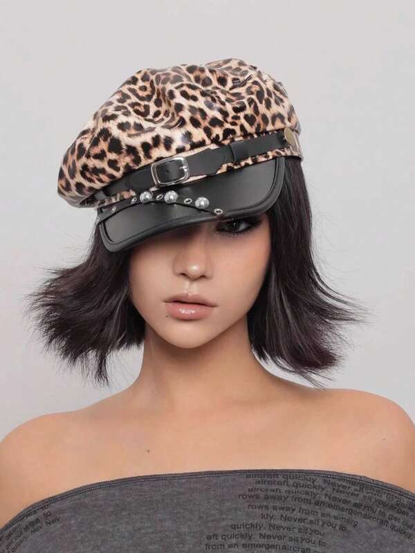 1pc Couple Leopard Print Newsboy Cap, Vintage Punk Rock Style With Metal Spider Decor, Suitable For All Seasons, Halloween, Y2K Autumn Accessories
