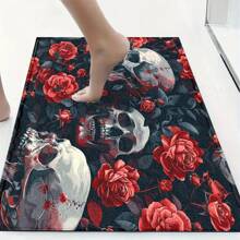 1 pieza Felpudo de entrada/baño/cocina/lavandería con estampado de esqueleto de Halloween y flores, de base de TPR y apariencia de lana sintética, para decorar el ambiente festivo, el hogar, fiestas, bodas y comedores