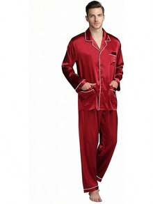 Lonxu Pajamas Set Mens Silk Satin Pajamas Long Sleeve Loungewear Two-Piece Sleepwear Button-Down Pj Set S-XXXXL