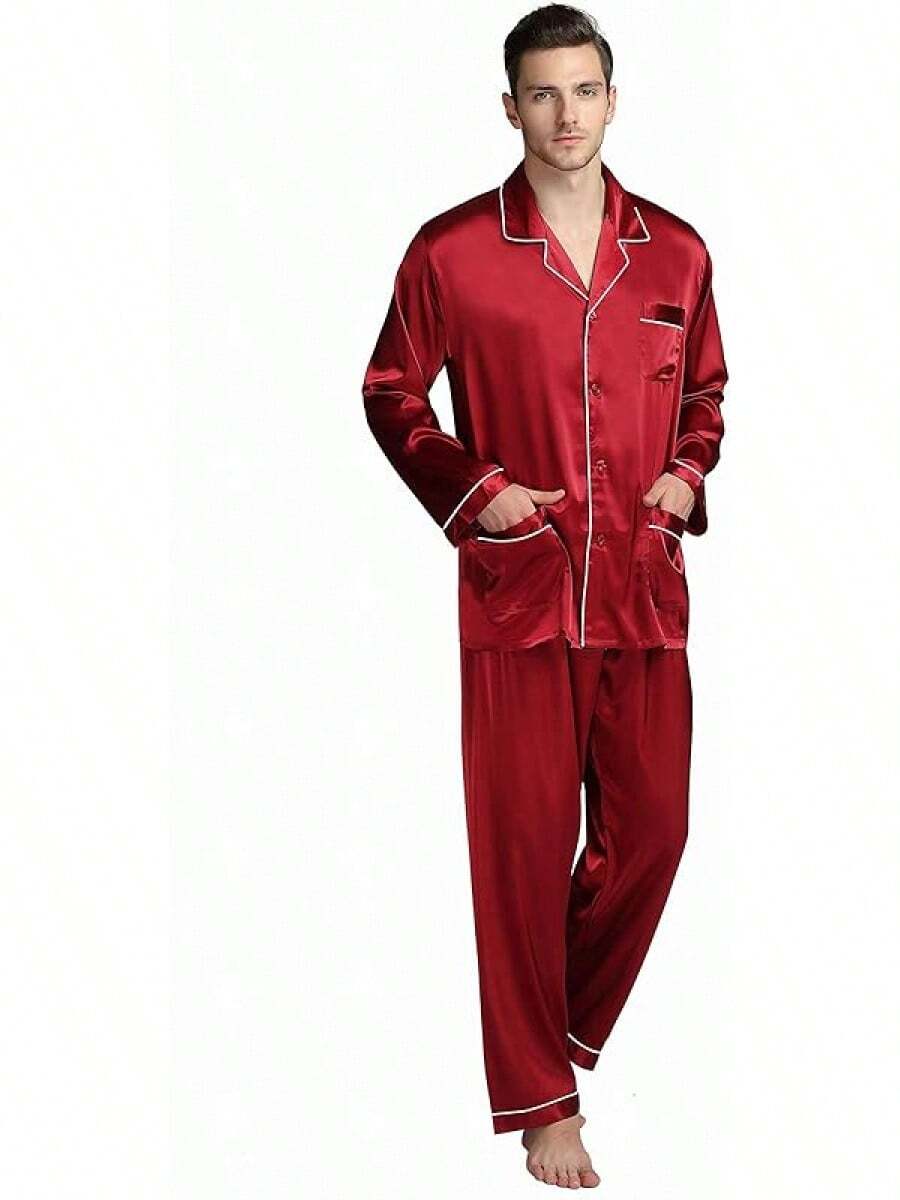 Lonxu Pajamas Set Mens Silk Satin Pajamas Long Sleeve Loungewear Two-Piece Sleepwear Button-Down Pj Set S-XXXXL