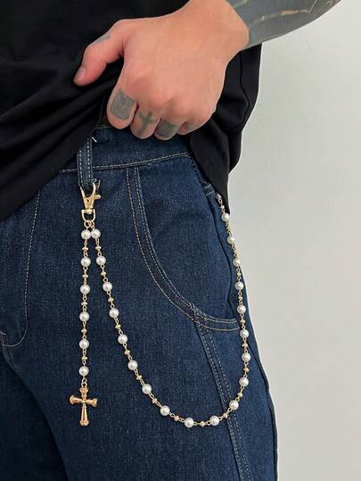 1pc Fashionable Punk Minimalist Cross Chain, Men's Hiphop Charm Faux Pearl Body Chain, For Pants Decoration, Everyday & Party Wear