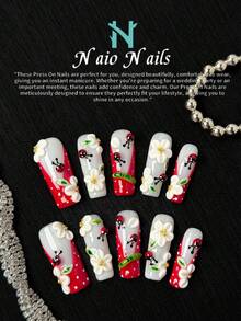 NAIO 纯手工制作的矩形按压式人造指甲，含红色法式指甲贴，饰有3D浮雕花朵和瓢虫图案，春夏美甲套装，专为女士和女孩设计的美甲用品，每套10件，适合返校、派对、庆典和日常佩戴。包含美甲工具，是送给女士和女孩的绝佳礼物。 - 彩色 - 查看 2