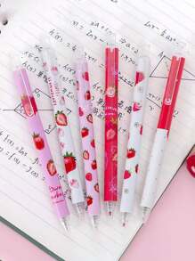 Random Cute Sweet Strawberry Click Gel Pen Black Student Prize Gift 4pcs, School Supplies,Back To School