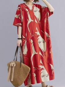 Plus Size Random Print Pocket V-Neck Dress, Minimalist And Fashionable, Suitable For Summer - Red - View 2