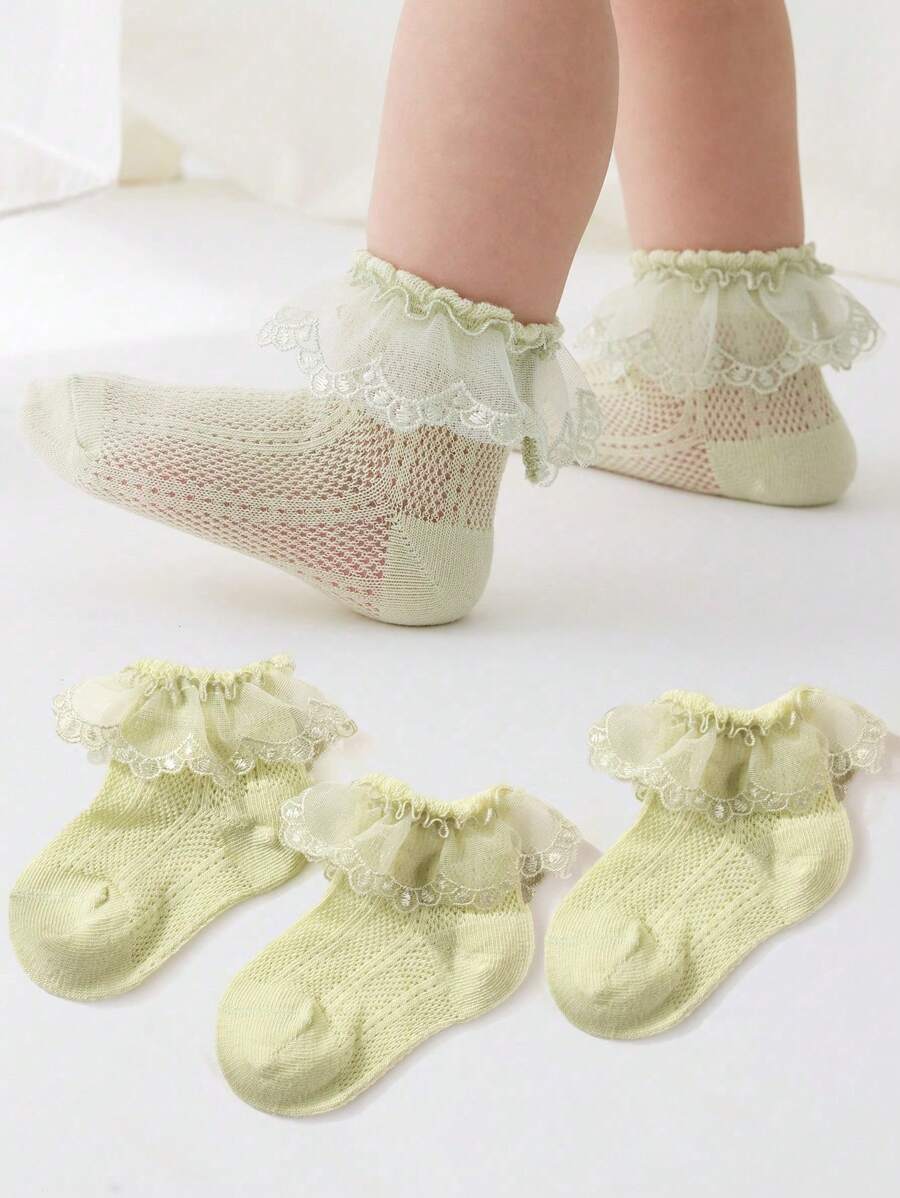 3 paia di calzini per neonati/bambini piccoli, adorabili, con ricamo e bordo in pizzo, design in rete traspirante, leggeri e morbidi, versatili calzini alla caviglia per uso quotidiano