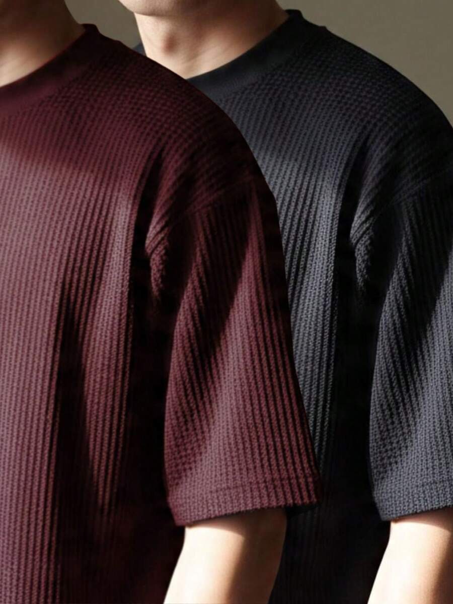 Kit 2 RelaxMax Men's Casual Oversized Textured Mesh Shirt - Black and Wine - View 1