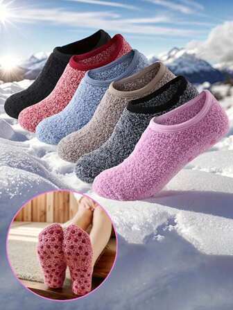 1/3/6 Pairs Plush Non-Slip Boat Socks, Fluffy Soft Comfortable Breathable Low-Cut Indoor Socks, Ladies Socks And Pantyhose