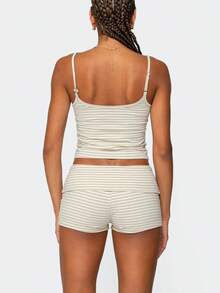 Women 2-Piece Summer Outfits Striped Print Crop Camisole And Folded Waist Shorts For Club Streetwear Fashion Clothes - Yellow - View 2