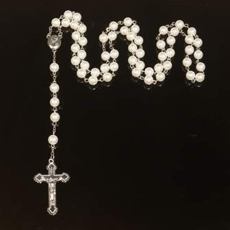 1 Pc Fashion Elegant Faux Pearl Rose Rosary Necklace, Handmade Beaded Cross Pendant Necklace, Versatile For Daily Wear, Party, Unisex