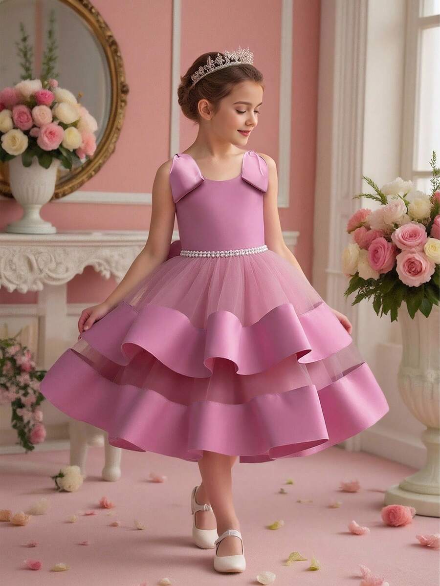 Young Girls' Sleeveless Mesh & Satin Bow Back Elegant Fancy Party Dress, Suitable For Flower Girl, Wedding, Banquet, Does Not Include Headband - 藕粉色 - 查看 1