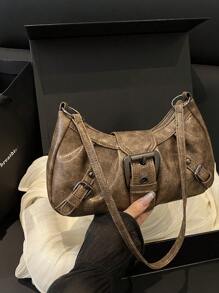 Fashionable Solid Color Rivet Decoration Armpit Foreskin Buckle Flip Shoulder Bag, Suitable For Shopping, Wallets, Shopping, Young Women, College Students, Newcomers, White-Collar Workers. They Are Very Suitable For Offices, Universities, Work, Business, Commuting, Outdoor Activities, Travel, And Outings