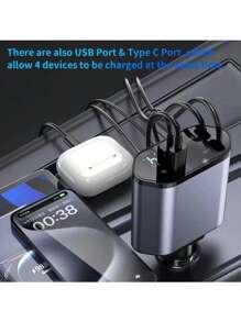 YITUMU 1pc Car Charger With Super Fast Charging, Retractable Cable, 4-In-1 Cigarette Lighter Adapter