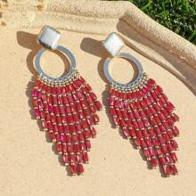1 par de pendientes colgantes con borlas y pedrería de estilo bohemio oversize, adecuados para la playa, el casual, las fiestas y ocasiones formales