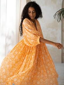 Eilly Bazar 加大码波西米亚风花卉印花蝙蝠袖罩衫连衣裙，适合夏季 - 黃色 - 查看 7