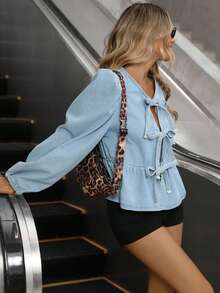 Siren Gaze Women's Front Tie Ruffle Detail Long Sleeve Casual Denim Blouse - Blue - View 3
