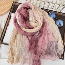 1pc Women Long Lightweight Ombre Linen-Look Scarf, Soft Breathable Pleated Shawl Wrap, Fashionable For Daily Outfits, Beach, Travel And Sun Protection