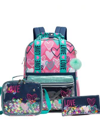 3 件套女童背包儿童学校背包带午餐袋适合小学学龄前学生可爱旅行背包 3 合 1 书包套装适合女孩返校