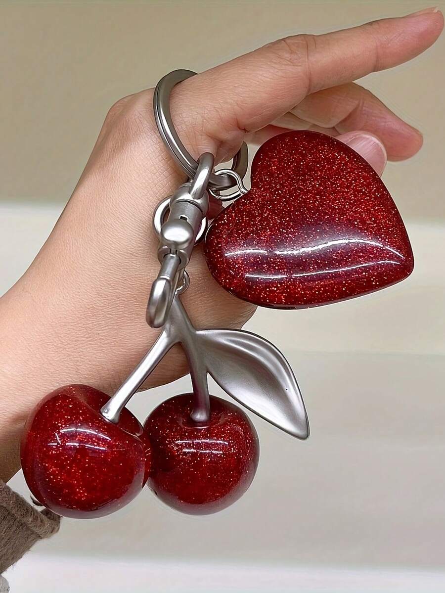 1 件别致樱桃钥匙扣，带闪亮树脂吊坠 - 合金 C 型钩扣，适用于女士钱包和包袋，是送给家人朋友和情侣的理想礼物，情人节礼物，背包装饰钥匙扣，适用于包袋，汽车配件，女士 - 彩色 - 查看 1