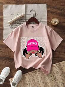 少女热带印花圆领短袖 T 恤上衣，夏季