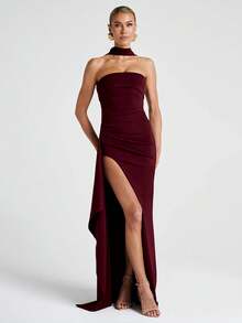 无肩带性感修身开衩飘逸连衣裙，伴娘礼服，万圣节圣诞派对礼服，优雅