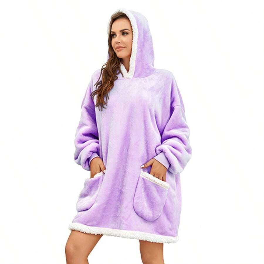 Warm Hooded Outerwear, Pajamas, Home Clothes, Couple's Thick Cold Proof Clothes, Lazy Clothes With Fleece, Solid Color Plus Plus Plus Plus Size Hoodie - Túi đôi màu tím - Xem 1
