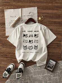 女士猫咪印花圆领短袖 T 恤，休闲日常穿着，背面上衣学校 - 淺花灰 - 查看 1