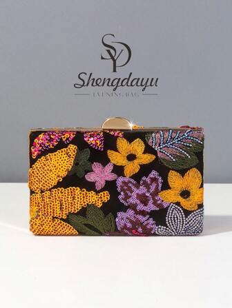 حقيبة مساء أنيقة سوداء مطرزة بالزهور، (نمط عشوائي، فريد)، حقيبة يد أنيقة للسيدات مع سلسلة معدنية، مناسبة للحفلات والأعراس والكرنفالات، حقيبة كروس بدي بنمط الزهور