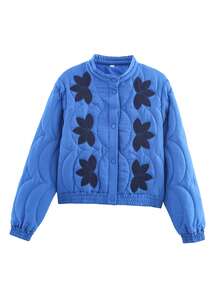 Women's Blue Quilted Stand Collar Padded Jacket Long Sleeve Pocket Casual Fall Winter Coat