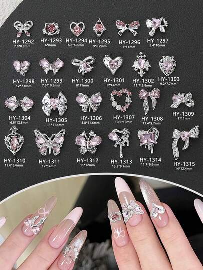 10 件 3D 银色蝴蝶结心形蝴蝶猫美甲装饰日韩风格权杖蝴蝶结指甲饰亚克力指甲配件闪亮粉色水钻指甲宝石 DIY 适用于亚克力压指甲手机壳鞋子衣服包包美甲用品
