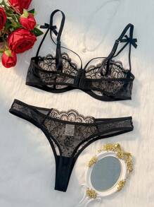 Set de 2 piezas de sujetador transparente con lazo bordado y ajustable, talla grande braga a juego, para uso en casa, de estilo clásico en color negro