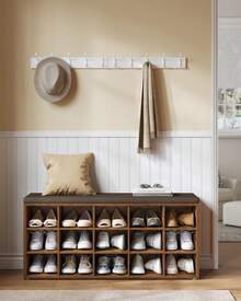 VASAGLE Banc à Chaussures, Meuble d'Entrée, Rangement Chaussures, Assise Rembourrée et 15 Compartiments, Étagère Porte-Chaussures, Capacité de Charge 200 kg, Brun café - Marron - Voir 1