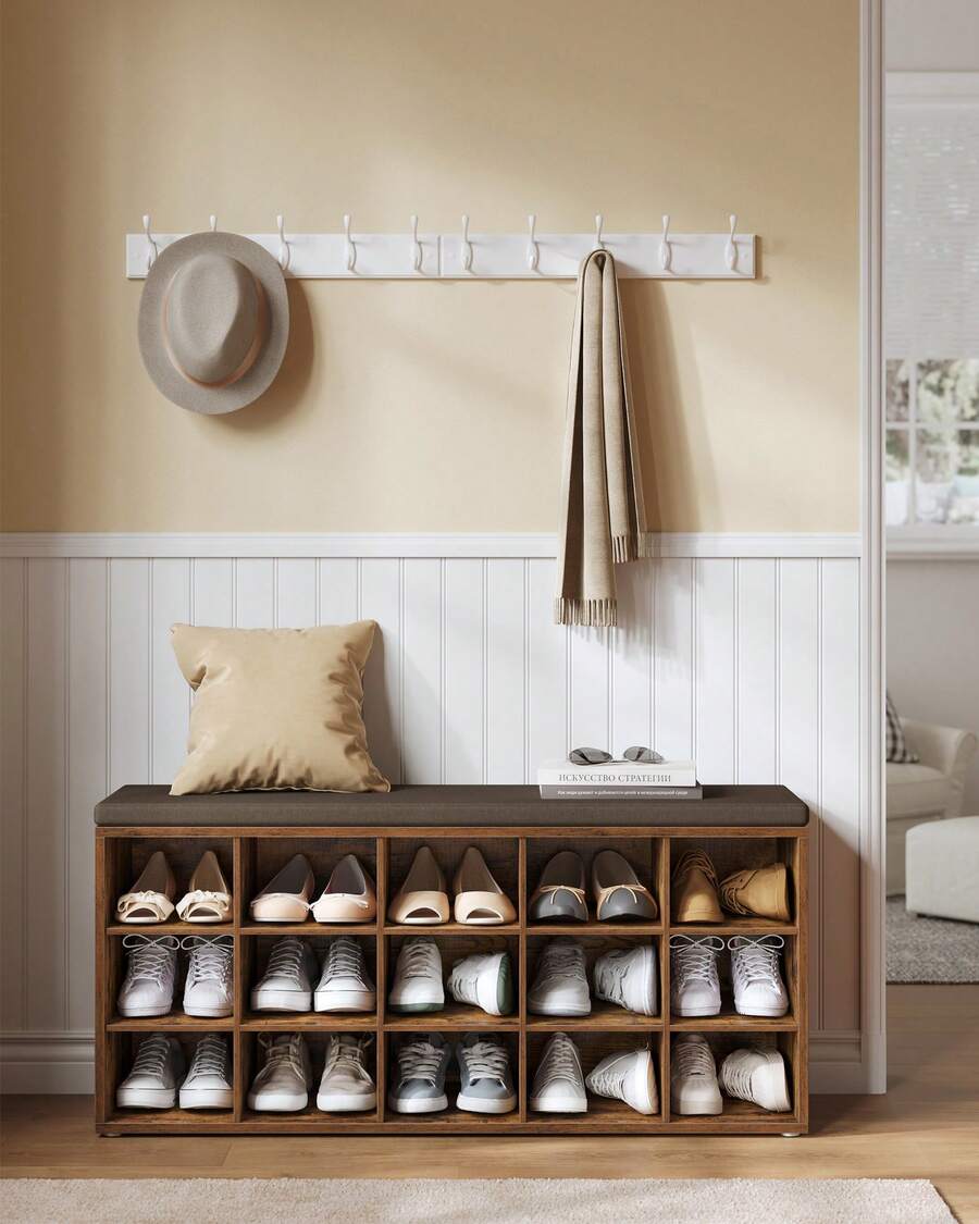 VASAGLE Banc à Chaussures, Meuble d'Entrée, Rangement Chaussures, Assise Rembourrée et 15 Compartiments, Étagère Porte-Chaussures, Capacité de Charge 200 kg, Brun café - Marron - Voir 1