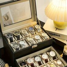 FEILIYA Uten 12 Slot Watch Box With Drawer, Men's Watch Display Case With Glass Cover, Double Layer Jewelry And Watch Storage Box, Unisex, Black