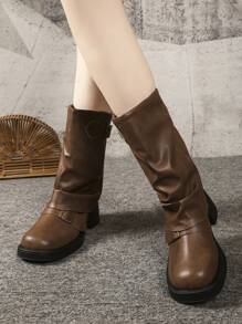 Women's Black Fashion Boots With Straps, Chunky Heel Thick Sole Casual Western Boots With Pleats, Retro Motorcycle Boots, Slimming Perfect For Fall/Winter, Brown Color