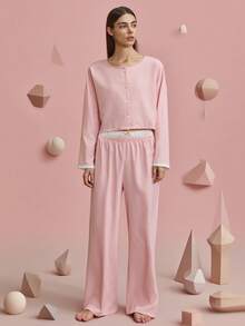 بيجامة نسائية، ملابس علوية علوية بياقة مستديرة وأزرار، وبنطلون كاجوال بخصر مطاطي، ملابس منزلية عصرية، ملابس خريفية